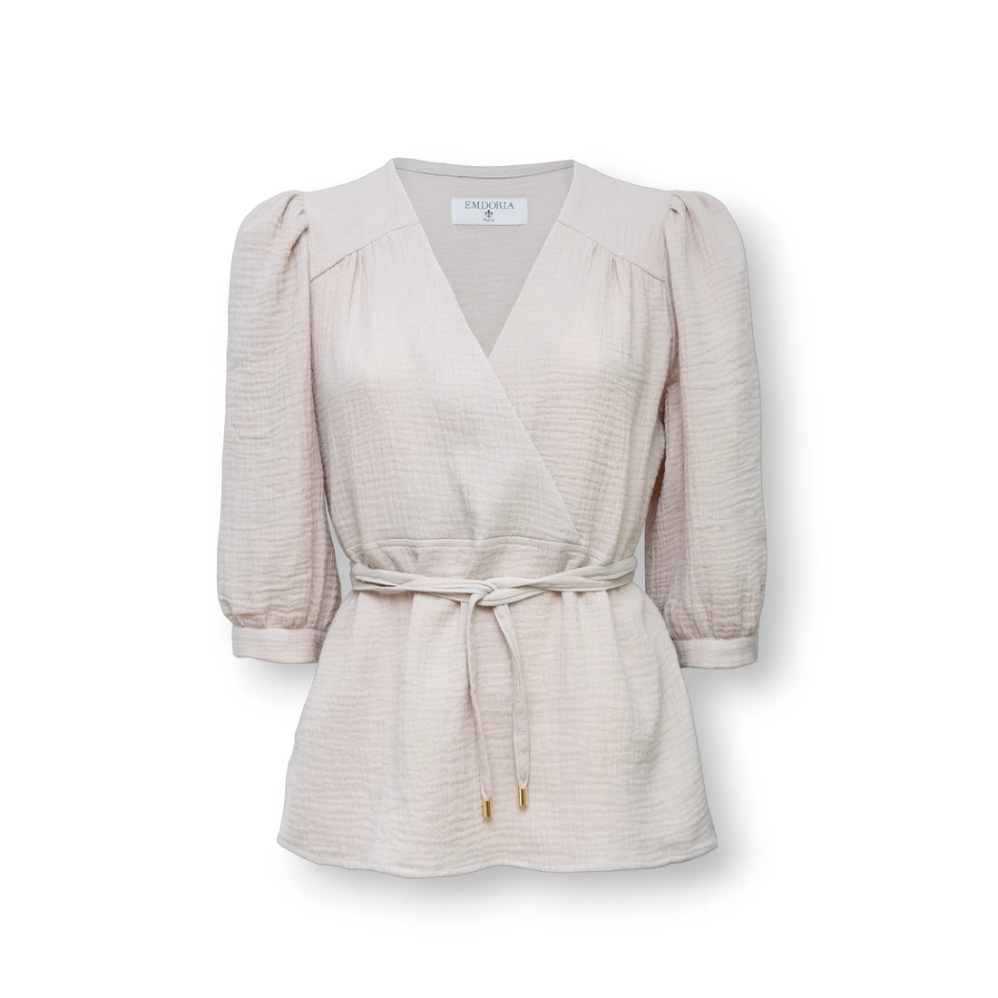 Chemiser cache-coeur en coton à manches mi-longues-Chemise- beige-Blouse-blouse beige-EMDORIA PARIS