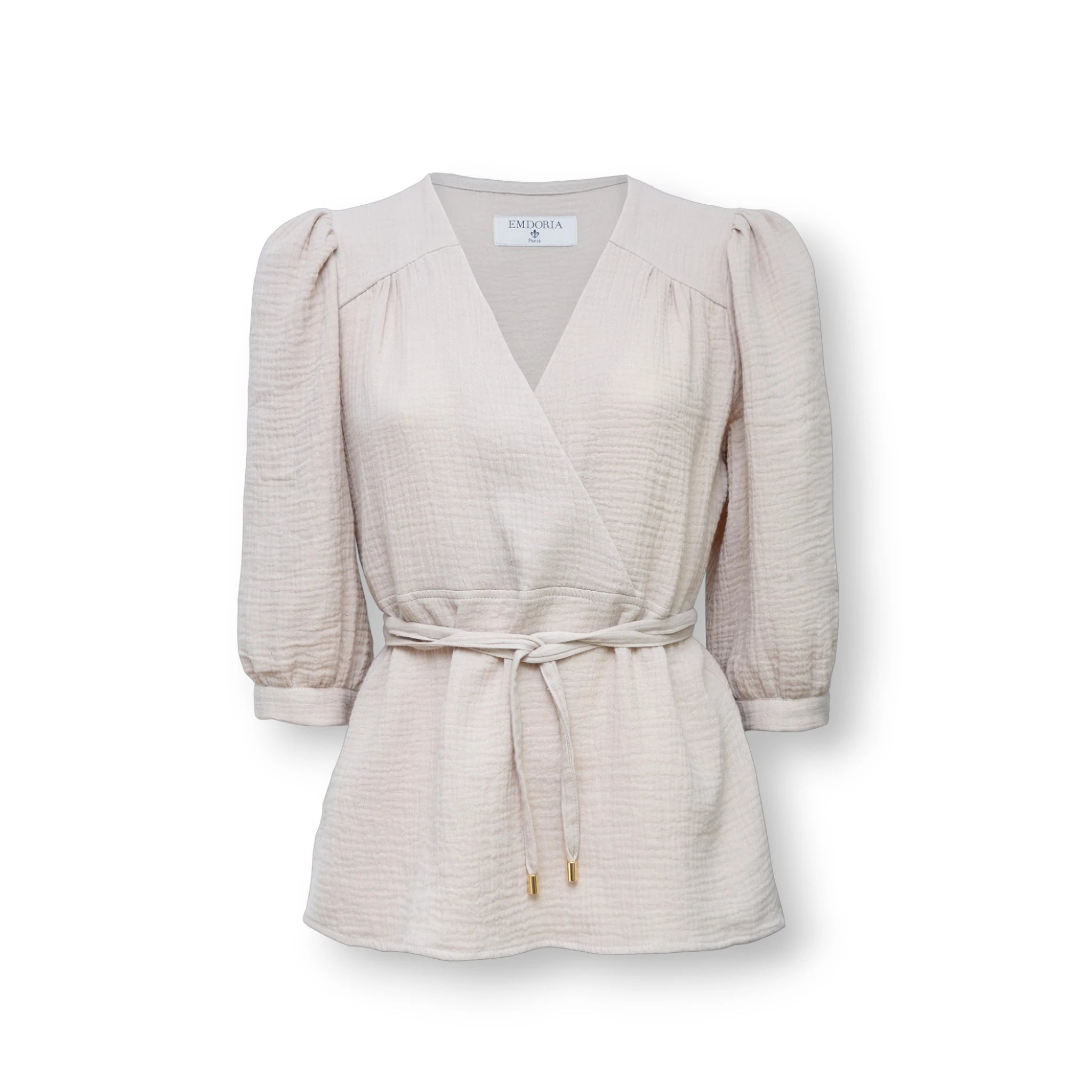 Chemiser cache-coeur en coton à manches mi-longues-Chemise- beige-Blouse-blouse beige-EMDORIA PARIS