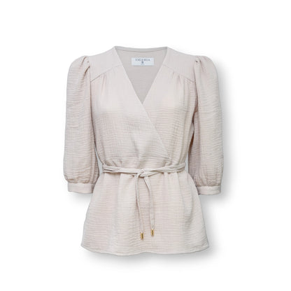 Chemiser cache-coeur en coton à manches mi-longues-Chemise- beige-Blouse-blouse beige-EMDORIA PARIS