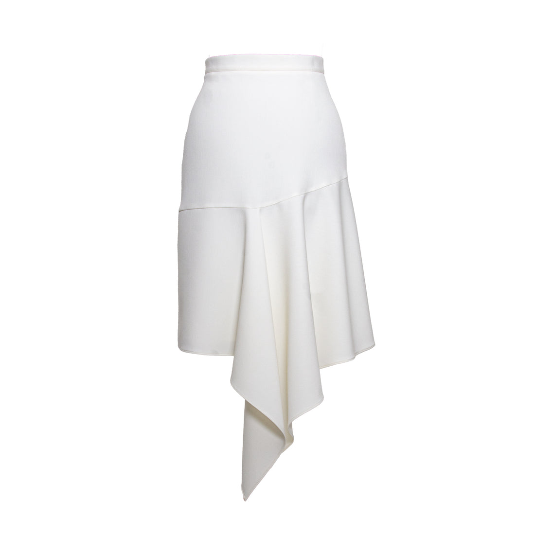 Jupe drapée en crêpe à volant longueur midi-Jupes- Assymetric skirt-Crêpe-Ecru-EMDORIA PARIS