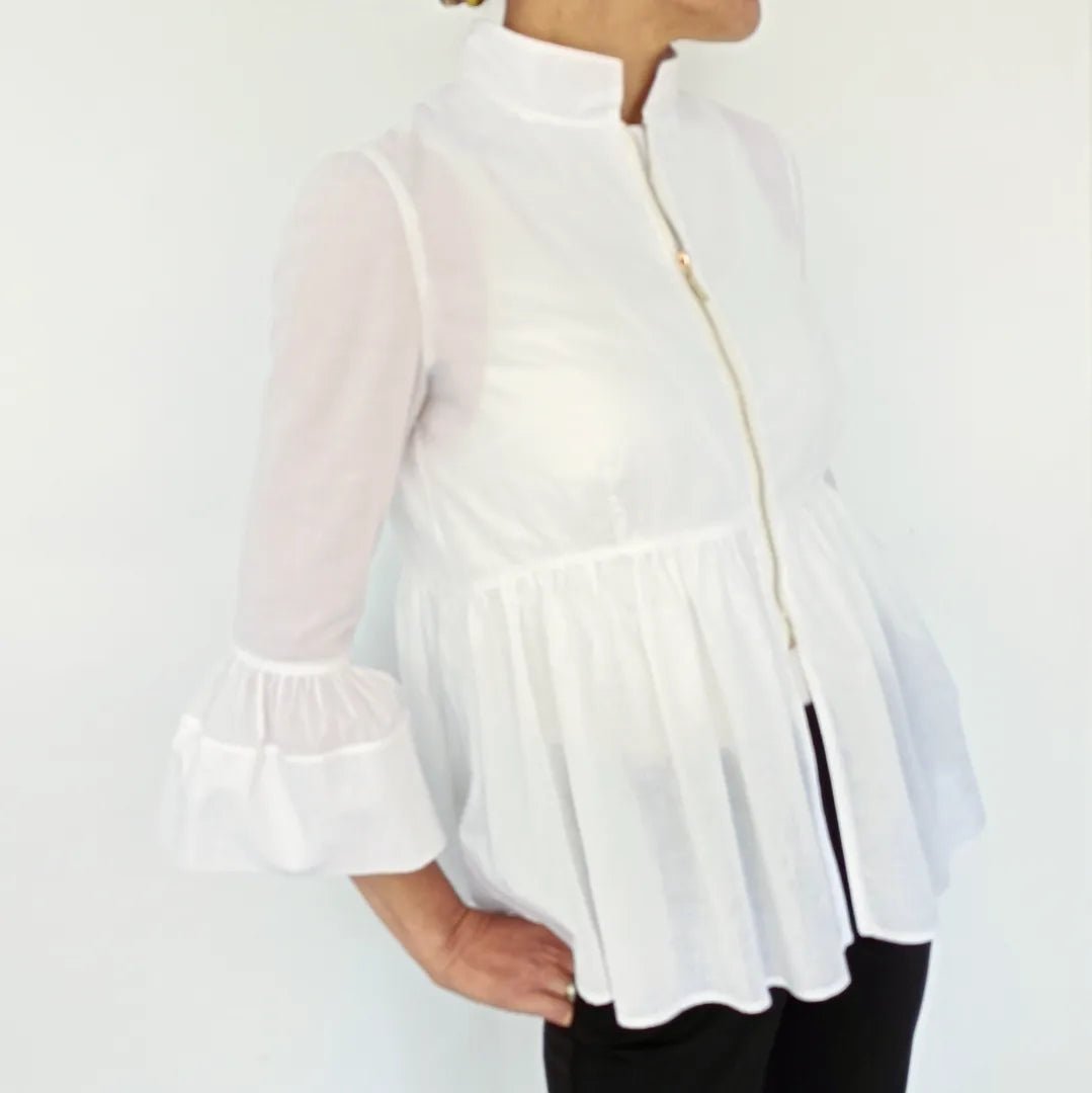 Chemise tunique manches trois quarts à volants en popeline-Chemise- Blouse-blouse chic pour femme-blouse femme-EMDORIA PARIS