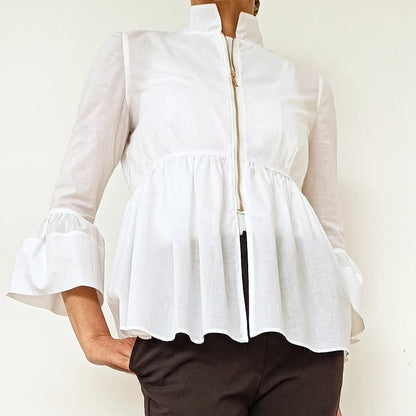Chemise tunique manches trois quarts à volants en popeline-Chemise- Blouse-blouse chic pour femme-blouse femme-EMDORIA PARIS
