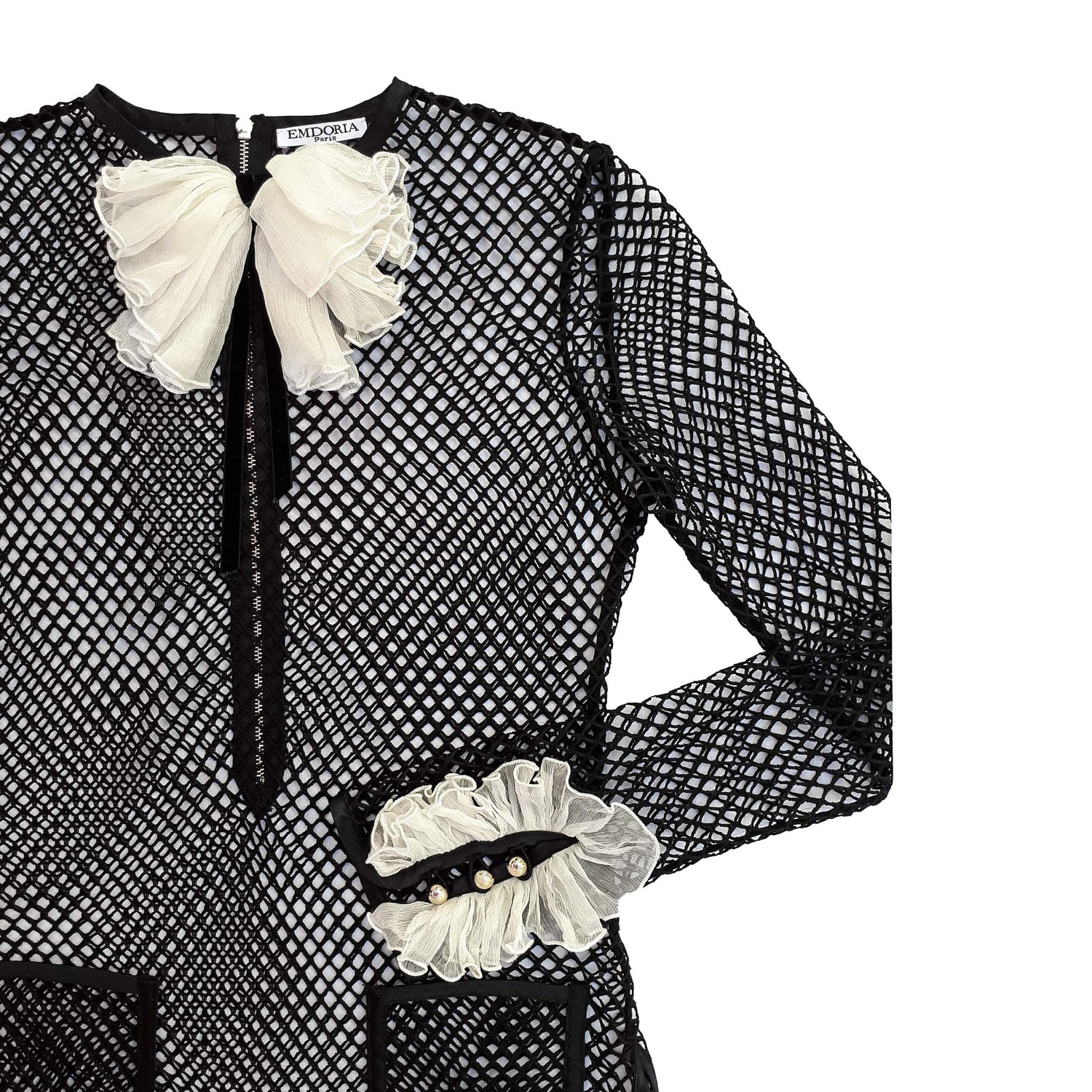 Haut haute couture en résille avec jabot en mousseline-Hauts- Blouse-blouse chic pour femme-blouse femme-EMDORIA PARIS