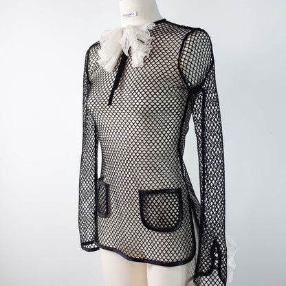 Haut haute couture en résille avec jabot en mousseline-Hauts- Blouse-blouse chic pour femme-blouse femme-EMDORIA PARIS