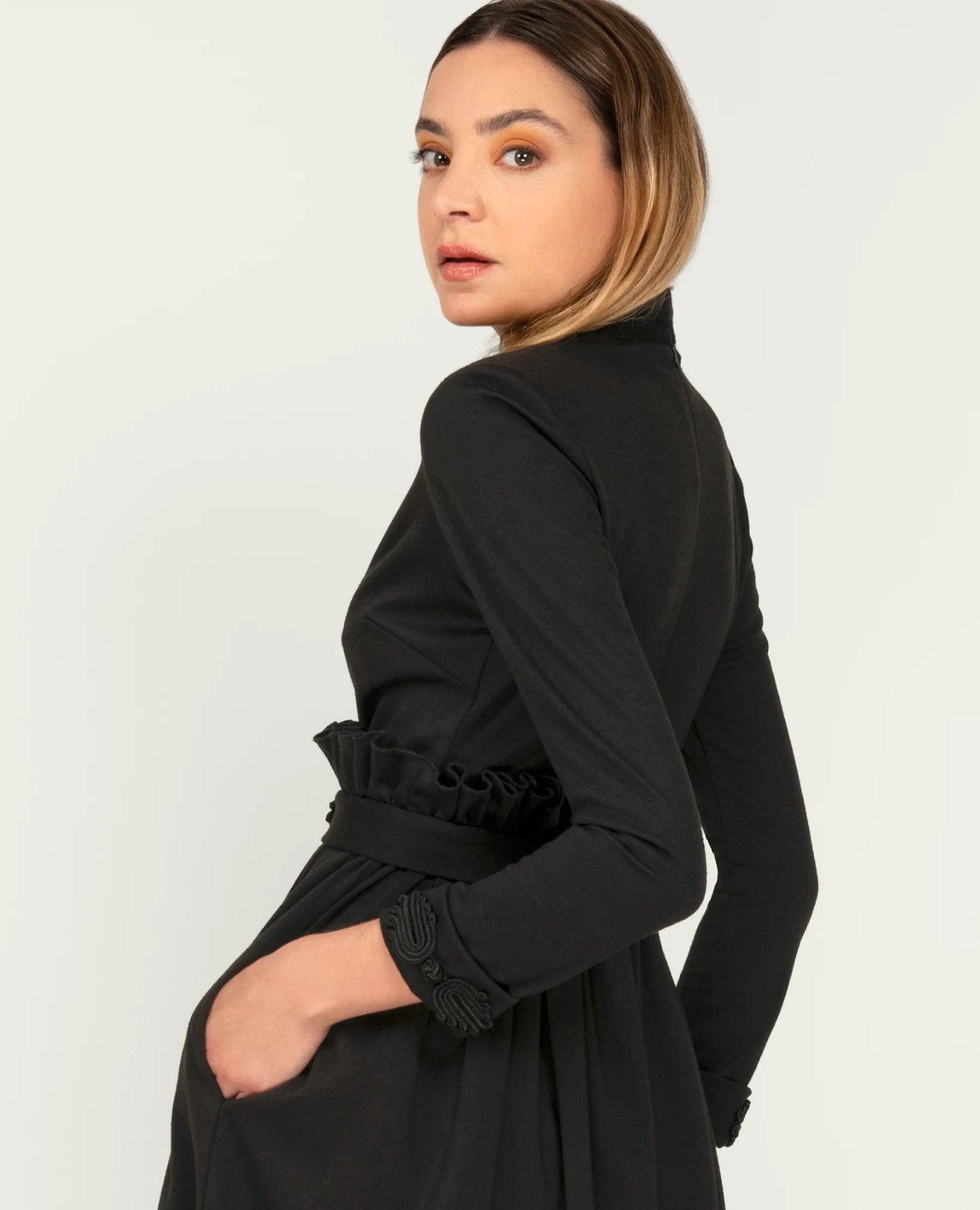 Robe Midi froncé avec manches longues pour Femme-Robes- new-new in-Nouveauté-EMDORIA PARIS
