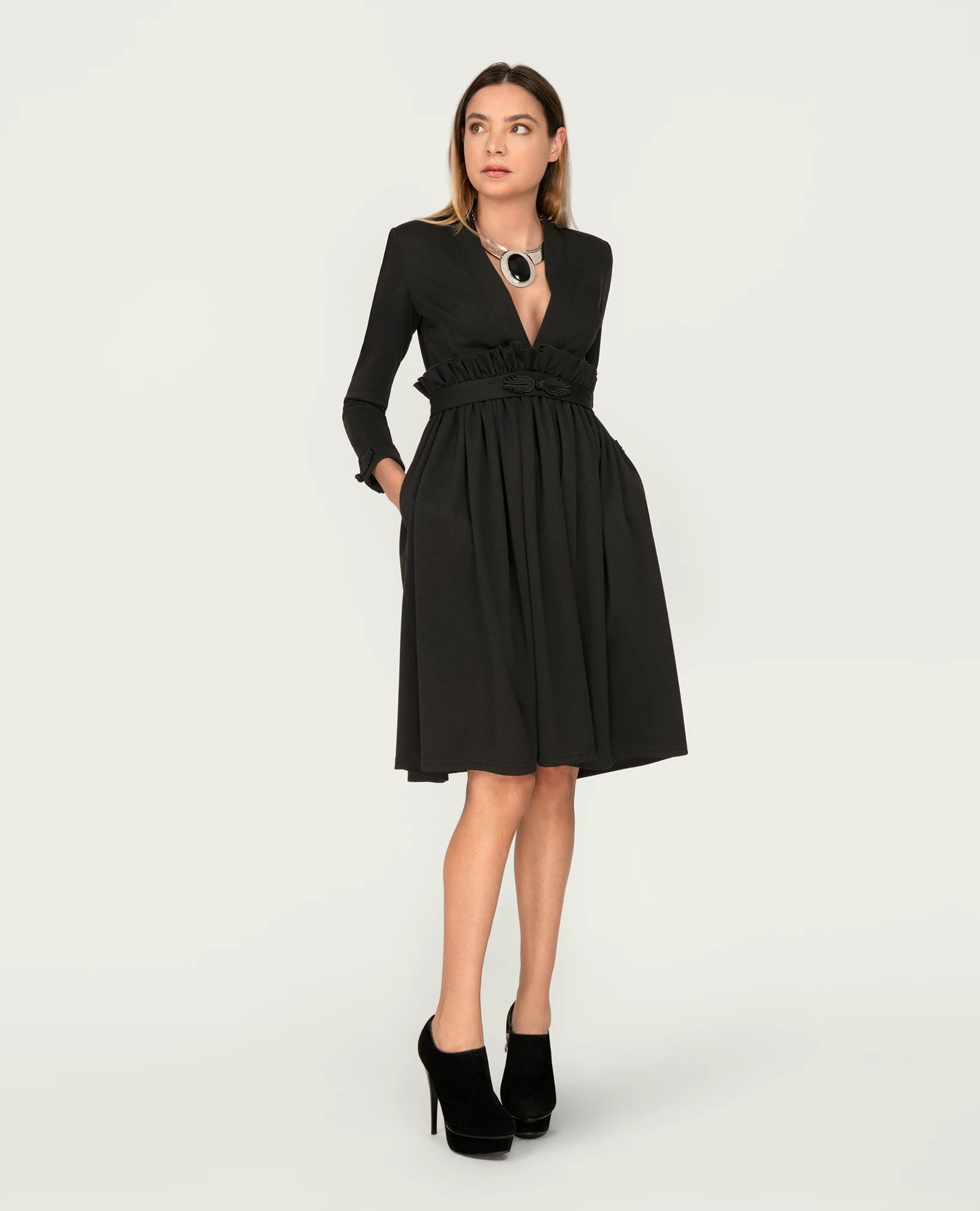 Robe Midi froncé avec manches longues pour Femme-Robes- new-new in-Nouveauté-EMDORIA PARIS